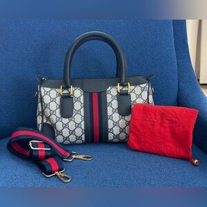 Near MINT_Auth Vtg. Gucci Ophidia Boston Dr Web Sherry Line GG Monogram Navy Bag